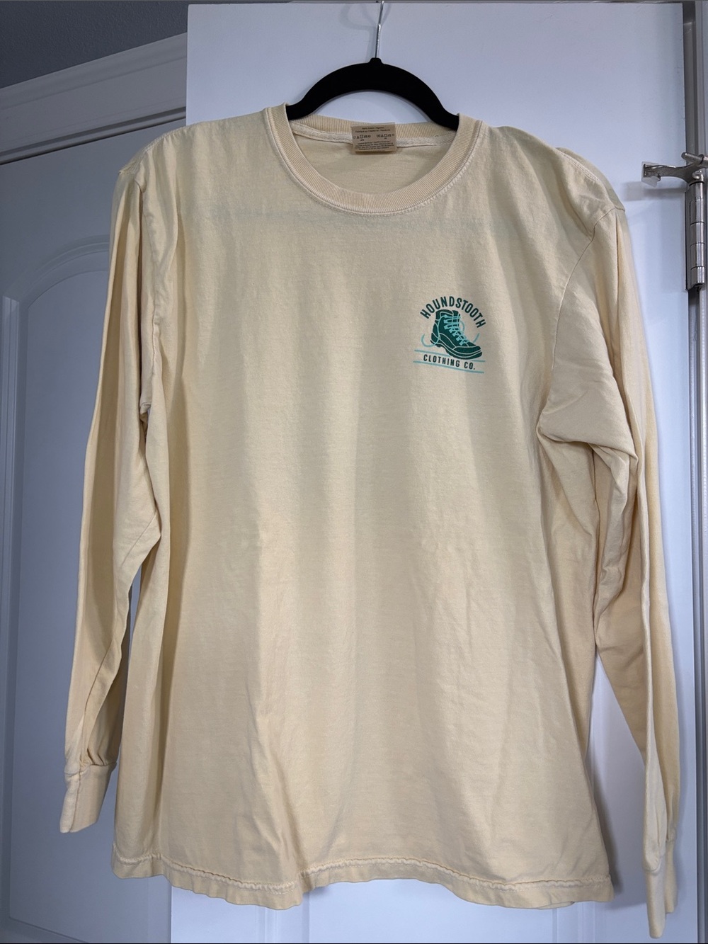 Houndstooth Cream Long-Sleeve Tee with Teal Logo